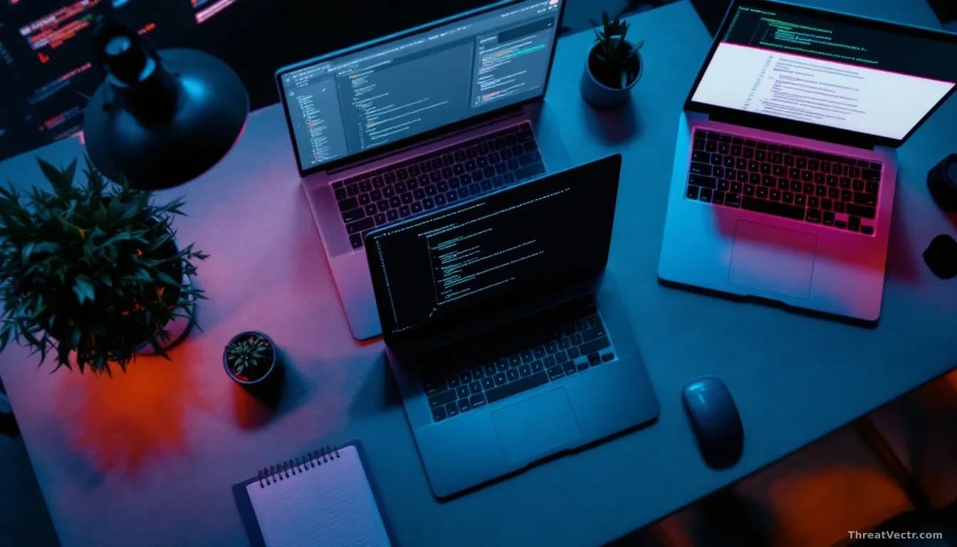 Photoreal news-editorial overhead shot of a developer workstation with a dark-mode terminal showing a generic git command output, beside an open laptop displayi