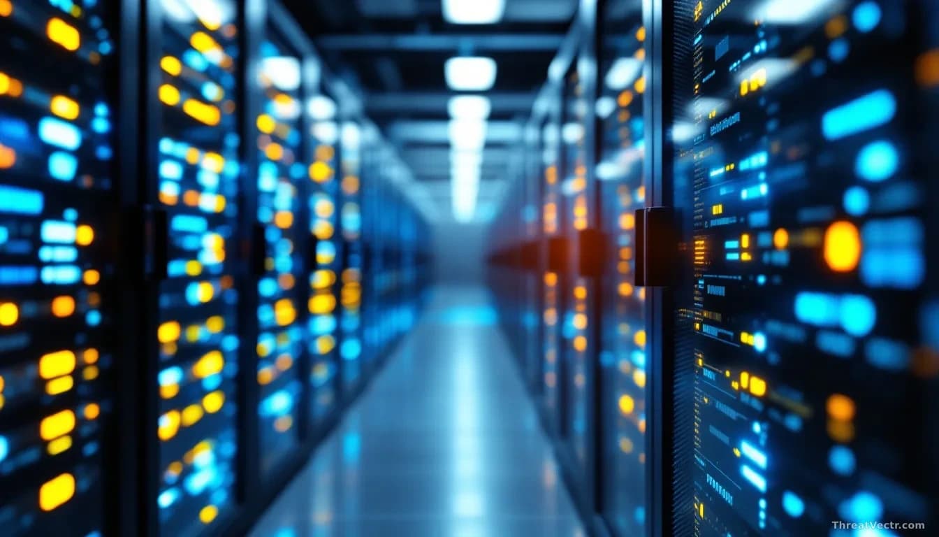 A close-up of a server room with rows of glowing servers, symbolizing security and data protection