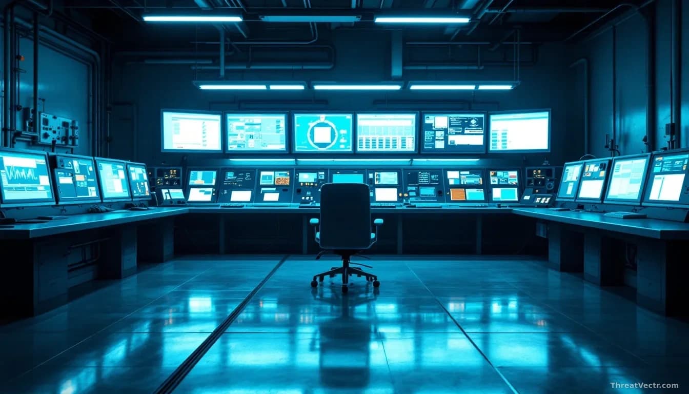 Full-frame photoreal editorial image of a dimly lit industrial control room at a water treatment plant, rows of SCADA screens glowing pale blue and amber, empty