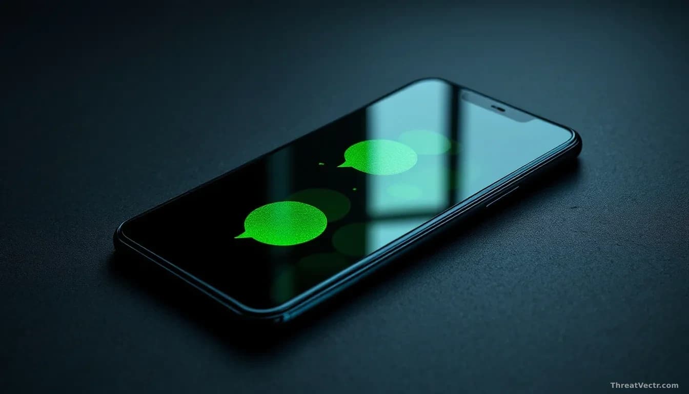 Full-frame edge-to-edge photoreal news-editorial shot of a modern black Android smartphone lying face up on a dark matte surface, screen glowing with abstract g